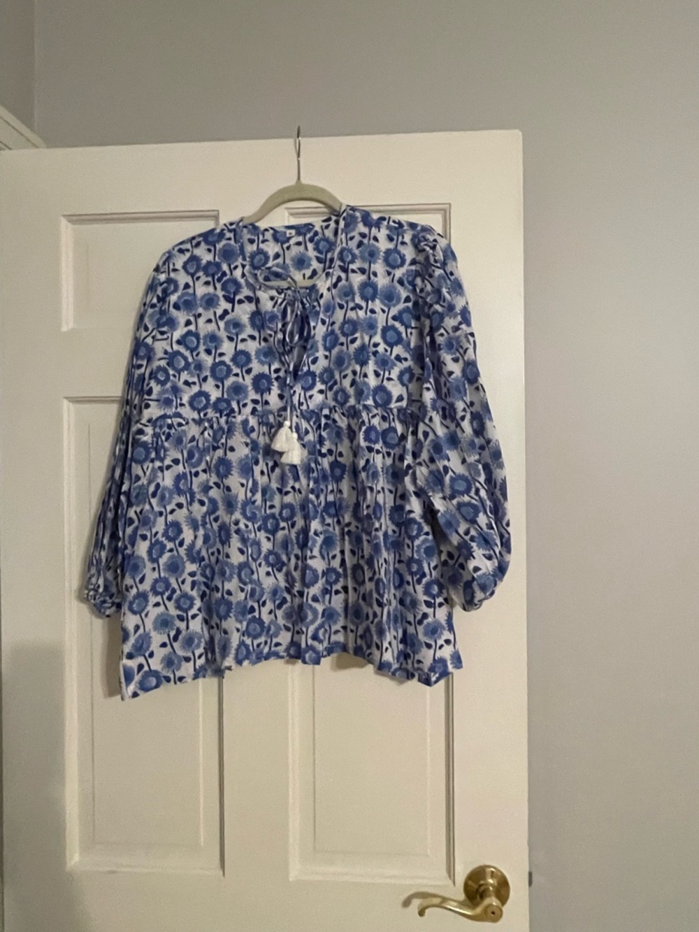 Blue Floral Tie-Neck Peasant Top